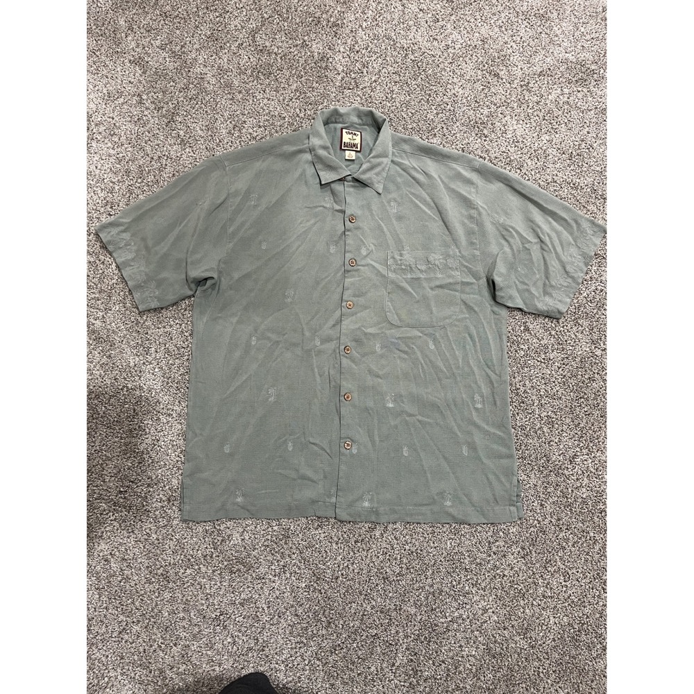 Tommy Bahama Mens Large Silk Camp Shirt Sage Green Pineapple Palm Tree